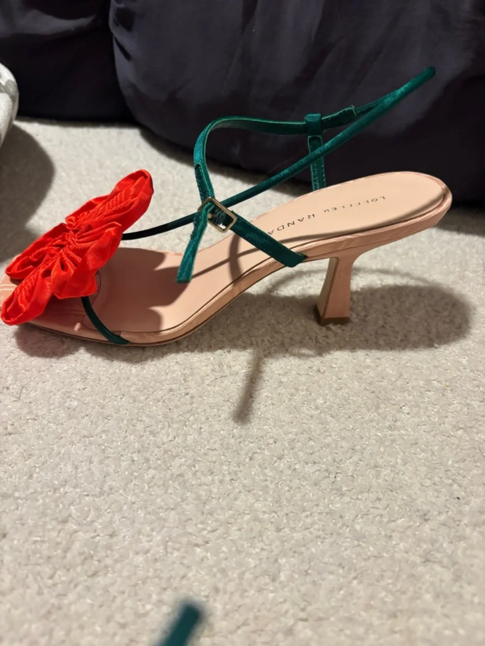 Loeffler Randall Red Floral Front-Strap Sandals with Green Ankle Straps - Picture 2 of 7